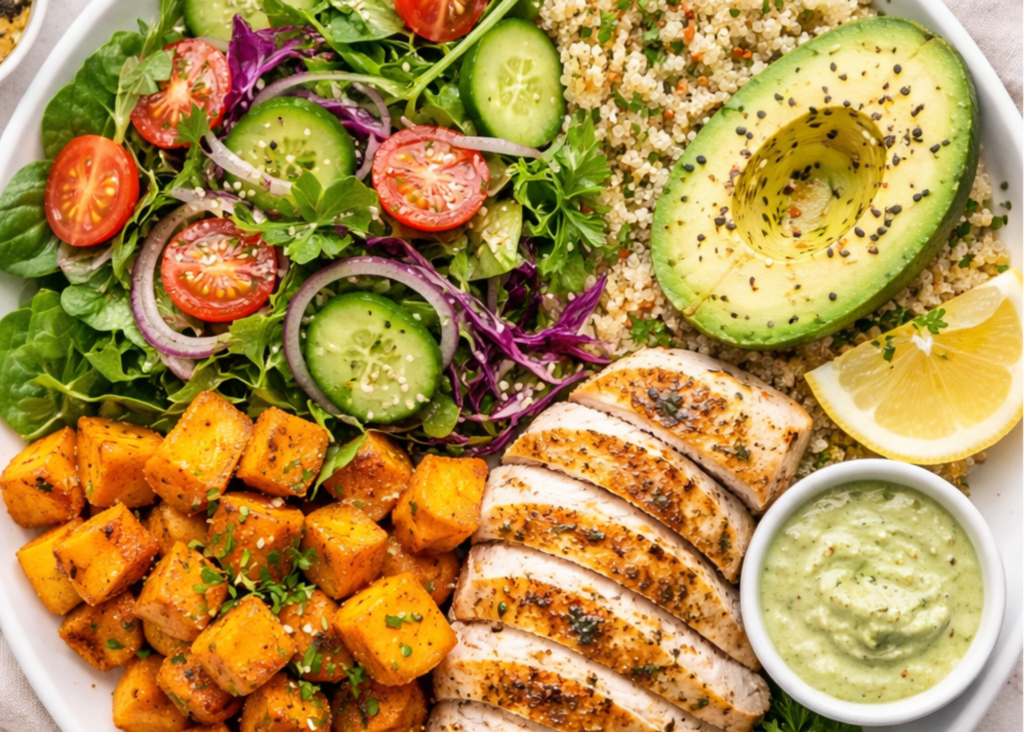 Grilled chicken, sweet potatoes, salad, avocado and quinoa showing a balanced blood sugar meal.