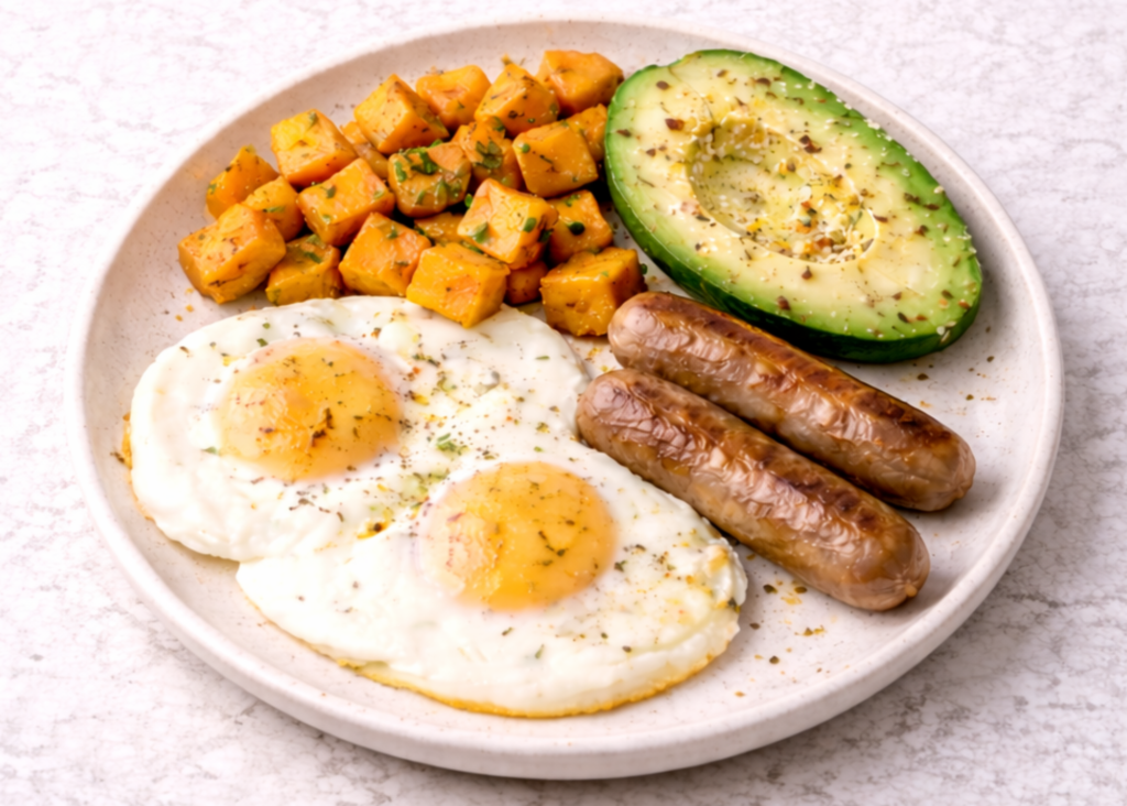 Fried eggs, sausage, avocado, and sweet potatoes showing a balanced blood sugar breakfast with protein, carbs, and healthy fats.