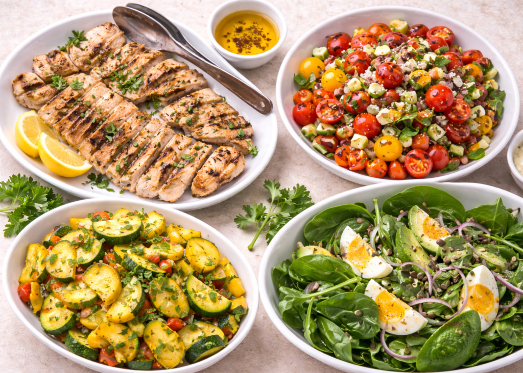 Grilled chicken with tomato salad, sautéed squash, and spinach salad showing a balanced blood sugar dinner with protein, vegetables, and healthy fats.
