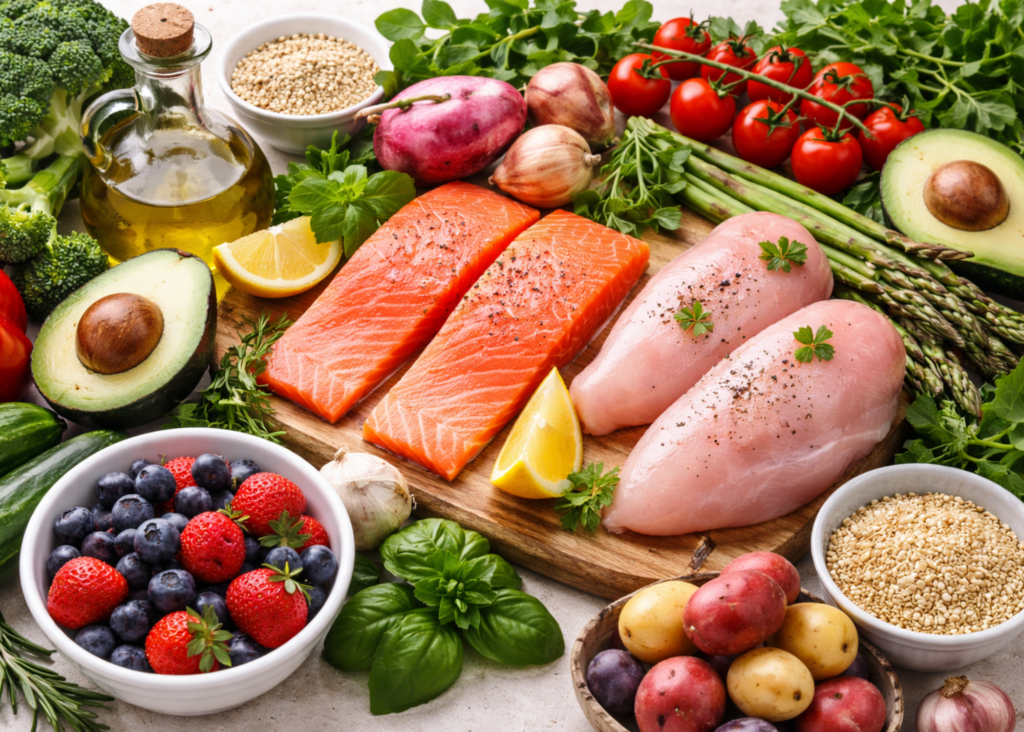 Variety of whole foods including meat, vegetables, fruit, potatoes, herbs, lemon, and olive oil representing balanced blood sugar nutrition during pregnancy.