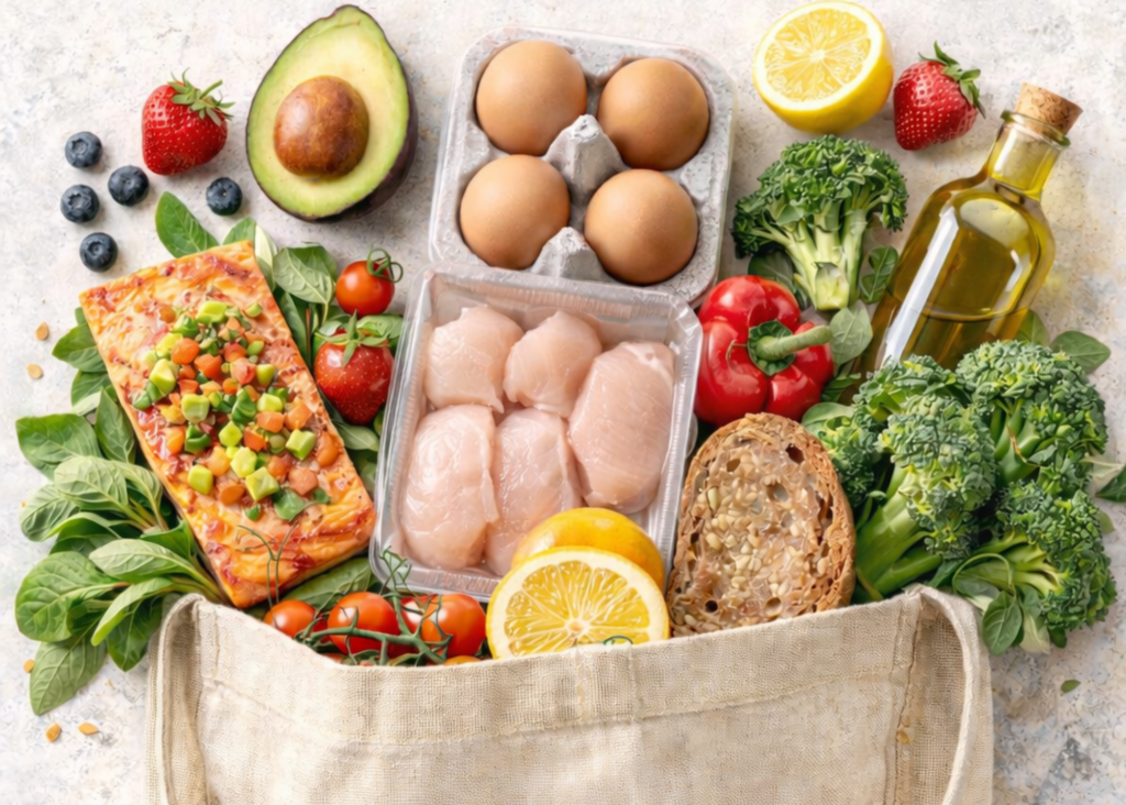 Grocery bag with salmon, chicken, eggs, vegetables, fruit, and olive oil for balanced blood sugar shopping.