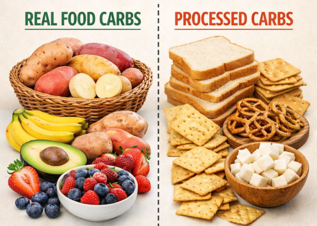 Side by side comparison of real food carbs including potatoes, bananas, avocado, and berries next to processed carbs including white sugar cubes, white bread, crackers and pretzels.
