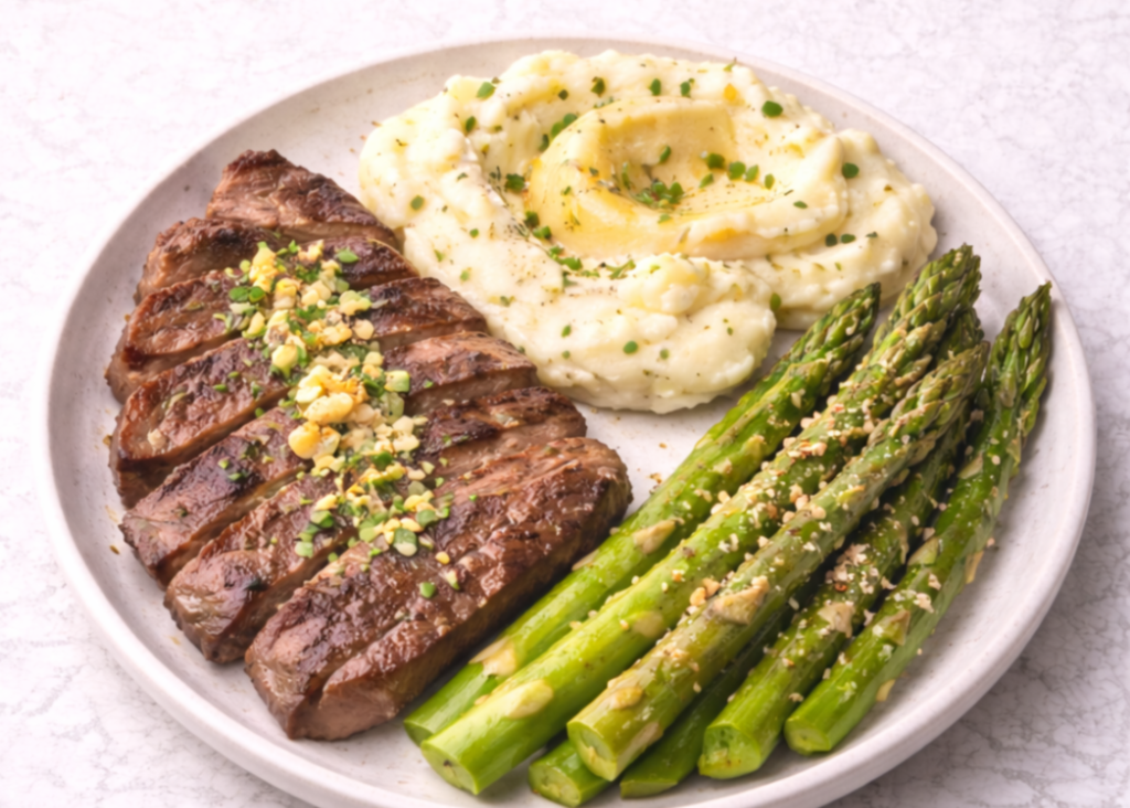A meal of steak, mashed potatoes, and asparagus showing a balanced blood sugar meal with protein, carbs and fat.