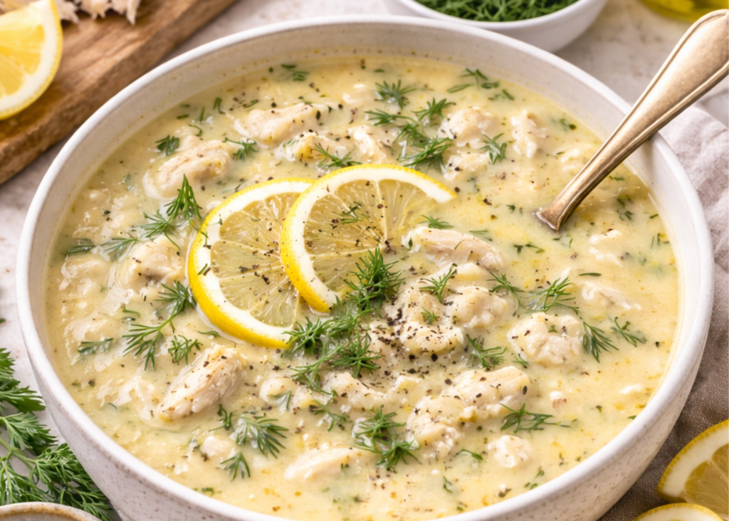 Greek lemon chicken soup with shredded chicken, rice, and fresh herbs, showing a balanced winter soup with protein, carbs, and healthy fats.