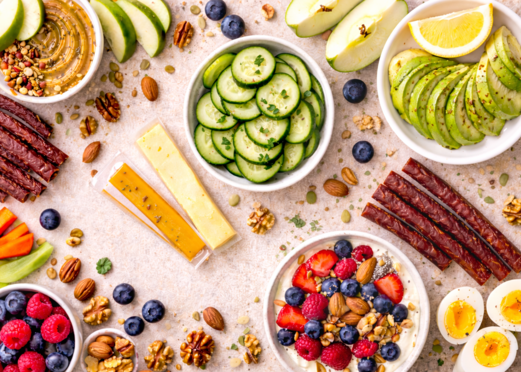 Balanced blood sugar snack ideas including yogurt with berries and nuts, cheese, apple with nut butter, cucumber, jerky, and boiled eggs