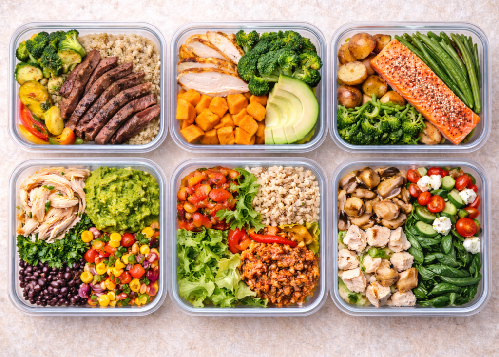 Six meal prep containers with protein, vegetables, grains, and healthy fats showing quick balanced blood sugar meal ideas for busy days.