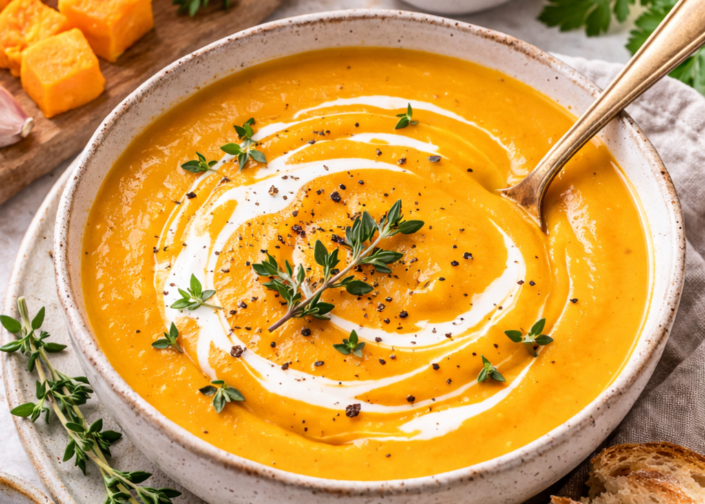 Creamy butternut squash soup topped with herbs and a swirl of cream, showing a comforting winter soup that can be paired for balanced blood sugar.