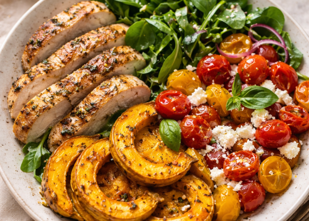 Grilled chicken with spinach, squash, and tomato salad showing a simple balanced meal with protein, vegetables, and healthy fats for stable blood sugar.