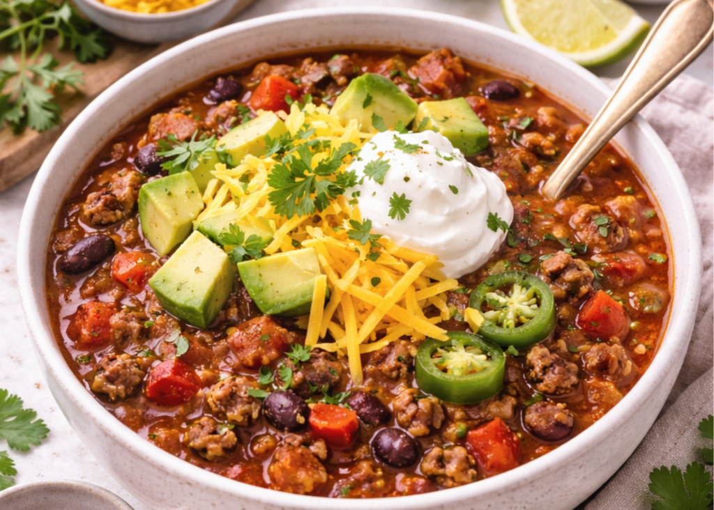 Hearty low carb chili topped with avocado, shredded cheese, and sour cream, showing a protein-rich winter meal that supports balanced blood sugar.