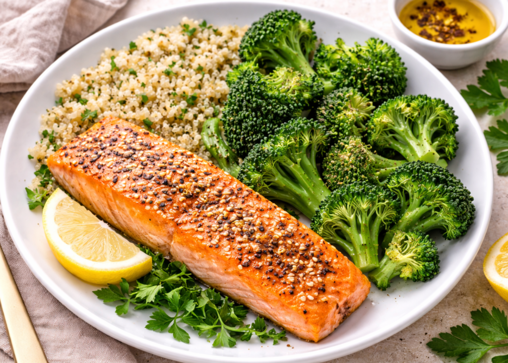 Salmon, broccoli and quinoa displaying a balanced blood sugar meal.