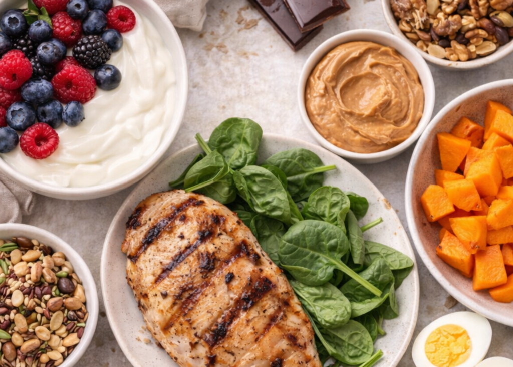 An example of several nutrient dense foods that could be the solution to sugar cravings such as sweet potatoes, yogurt and berries, dark chocolate, chicken, and nut butter.