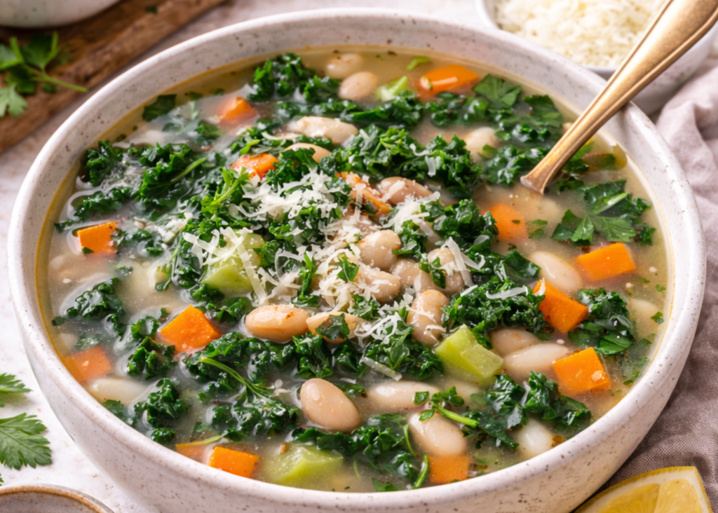 White bean and kale vegetable soup with olive oil and greens, showing a fiber-rich winter soup that supports steady energy and balanced blood sugar.