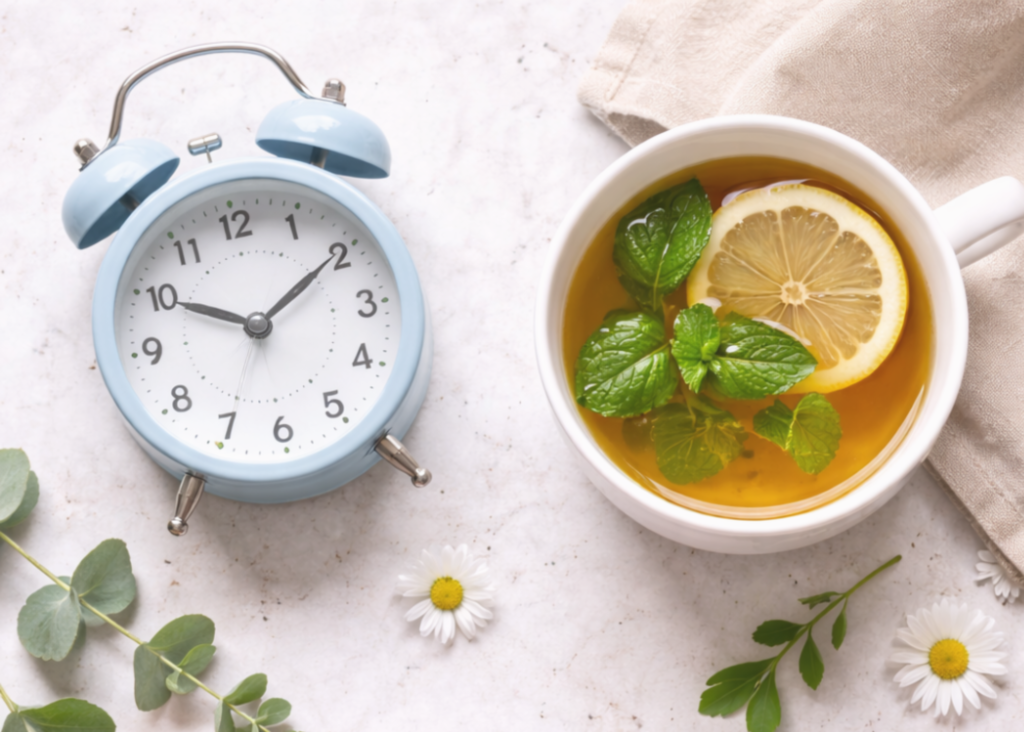 Cup of tea and alarm clock illustrating meal timing, routine, and habits that support balanced blood sugar throughout the day.
