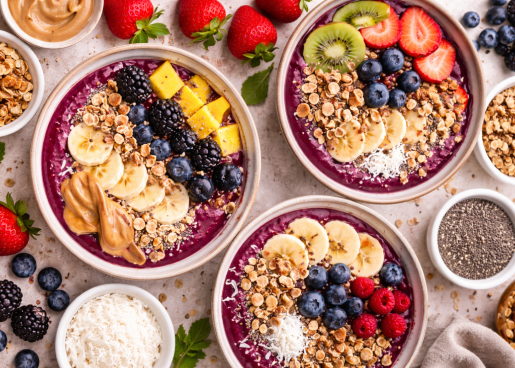 Açaí bowl with blended fruit, granola, and toppings often seen as a healthy breakfast but high in natural sugars