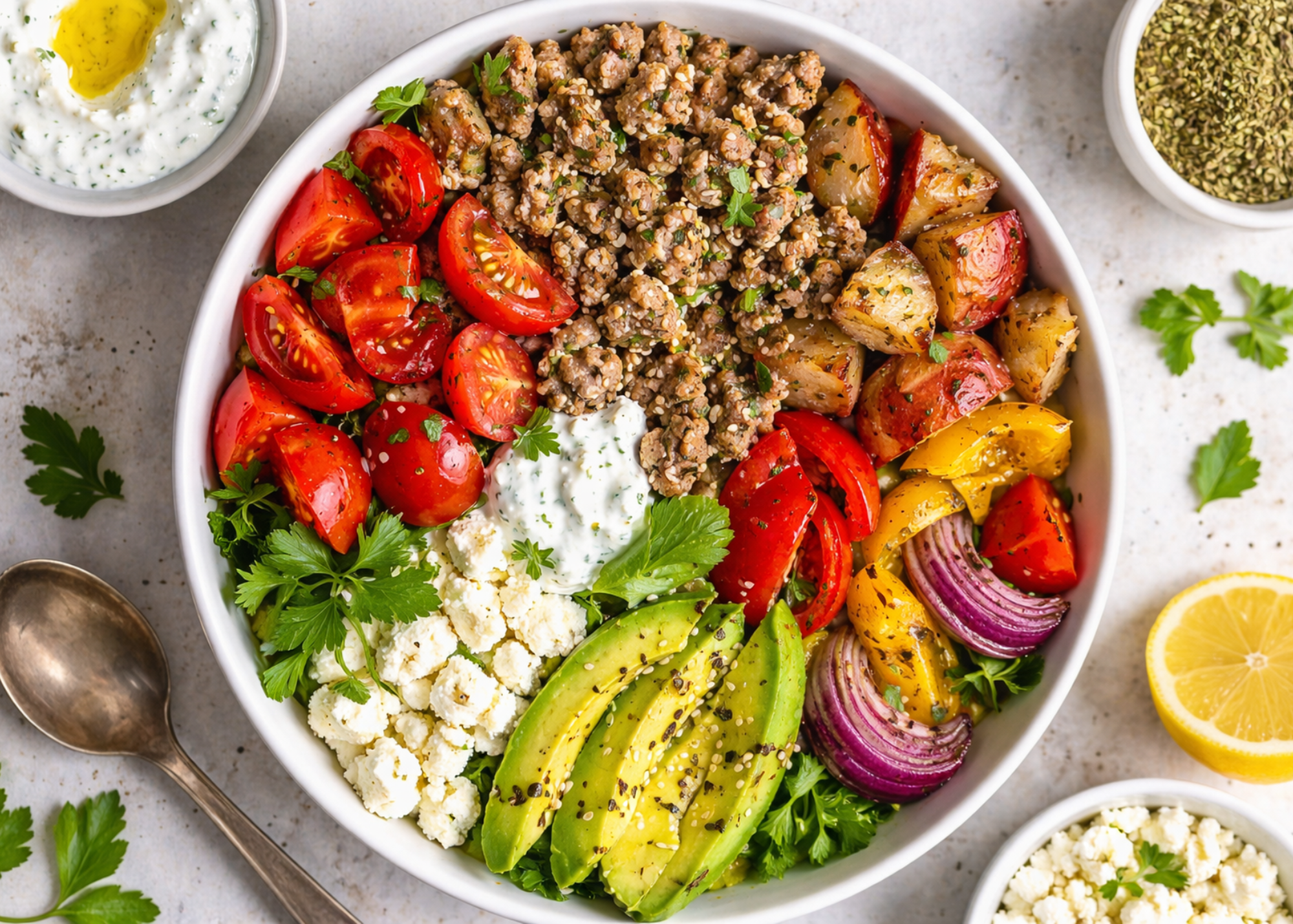 Greek bowl with ground meat, roasted potatoes, peppers, onion, tomatoes, avocado, feta, and sour cream as a balanced blood sugar meal