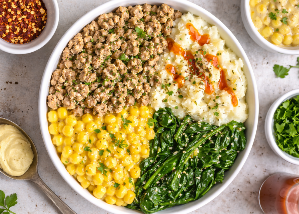 Shepherd’s pie bowl with ground chicken, mashed potatoes, creamed corn, and cooked spinach as a balanced blood sugar comfort meal