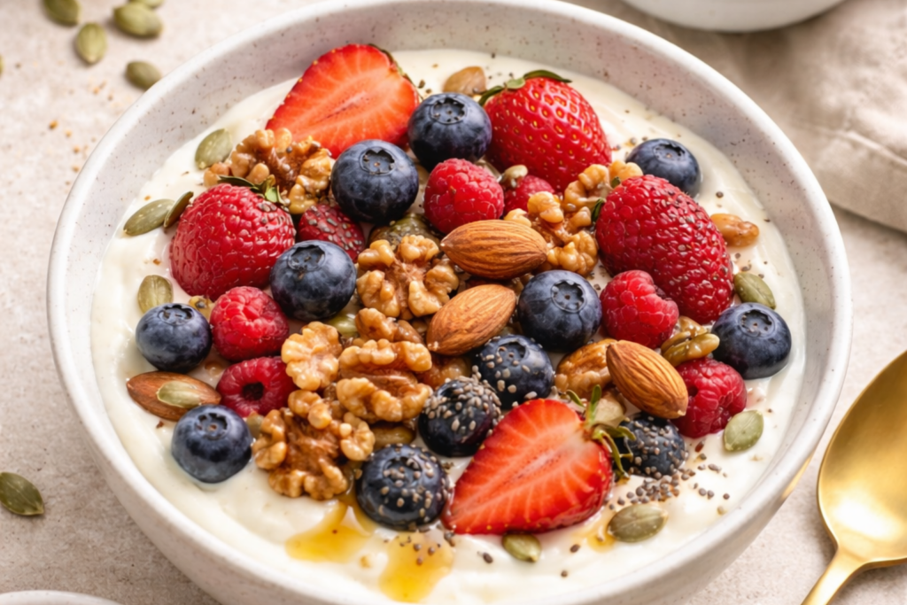 Yogurt bowl with honey, nuts, seeds and berries.