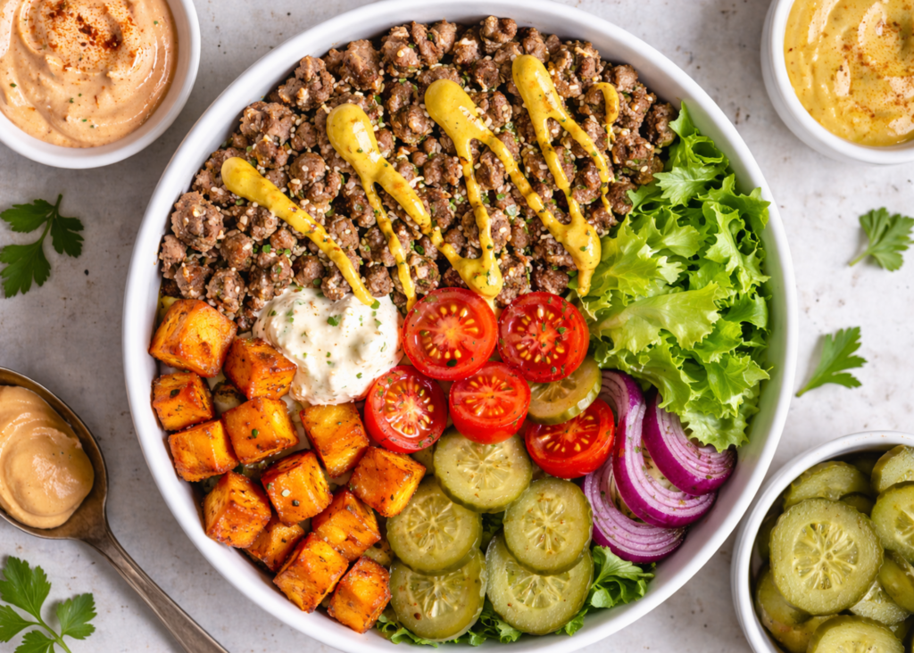 Burger bowl with ground beef, roasted sweet potatoes, romaine, tomato, onion, pickles, cheese, and sauce as a balanced blood sugar meal
