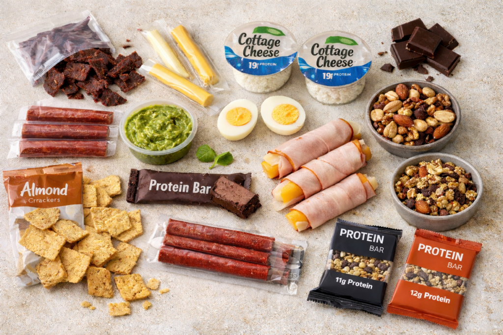 Healthy on the go snacks including jerky, cheese sticks, cottage cheese cups, dark chocolate, protein bars, almond crackers, guacamole, boiled eggs, mixed nuts, grain free granola, and turkey and cheese roll ups.