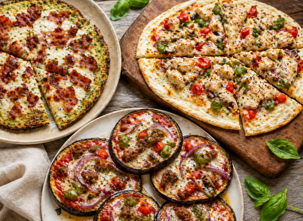 Zucchini pizza crust, eggplant pizza crust and egg white pizza crust with cheese and various meat and veggie toppings.
