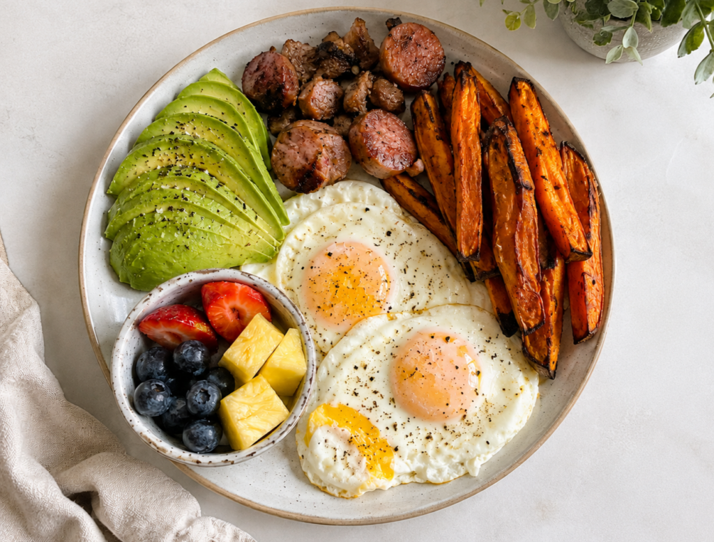 Balanced blood sugar breakfast including fried eggs, avocado, sausage, sweet potato fries, and a side of fruit.