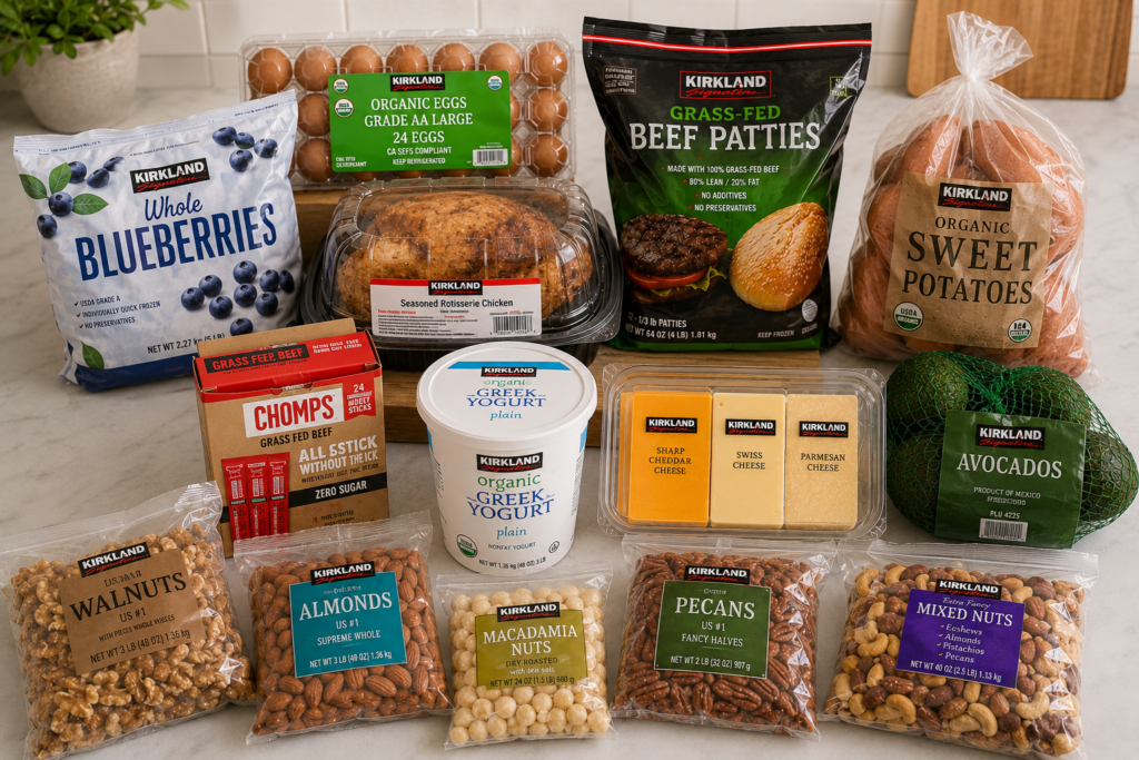 Costco haul for balanced blood sugar including beef patties, sweet potatoes, avocados, nuts, cheese, greek yogurt, meat sticks, eggs, blueberries and chicken.