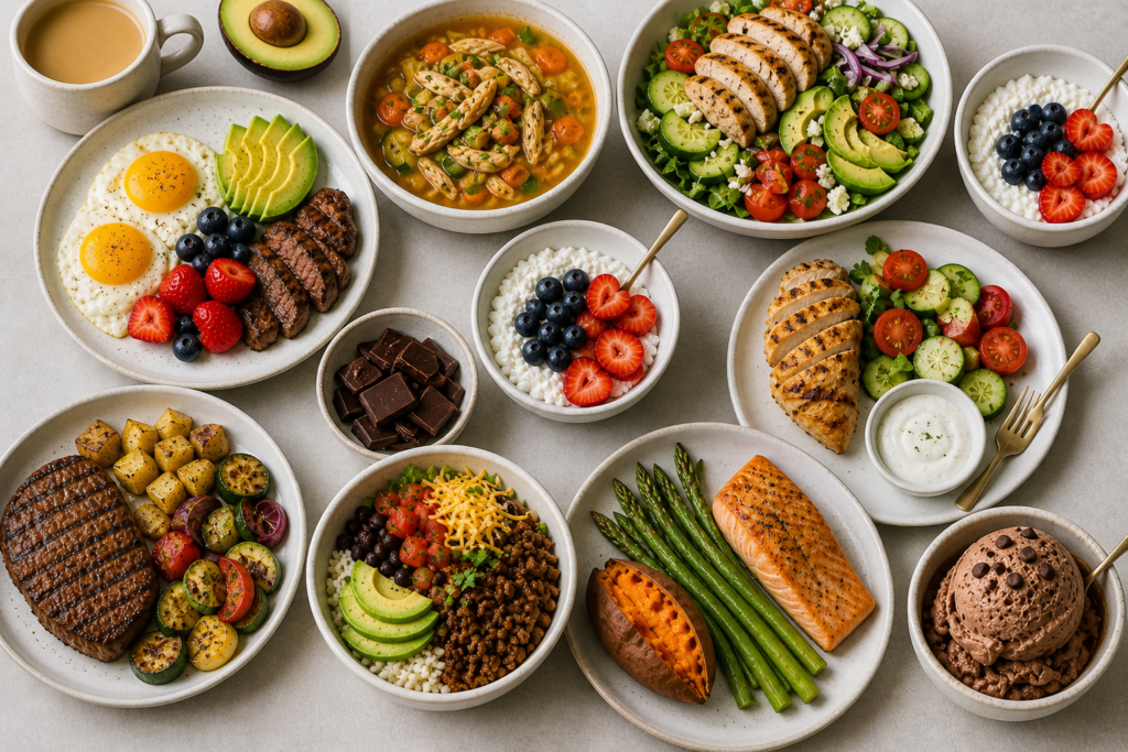A variety of balanced blood sugar meals showing what kind of meals I eat every day.