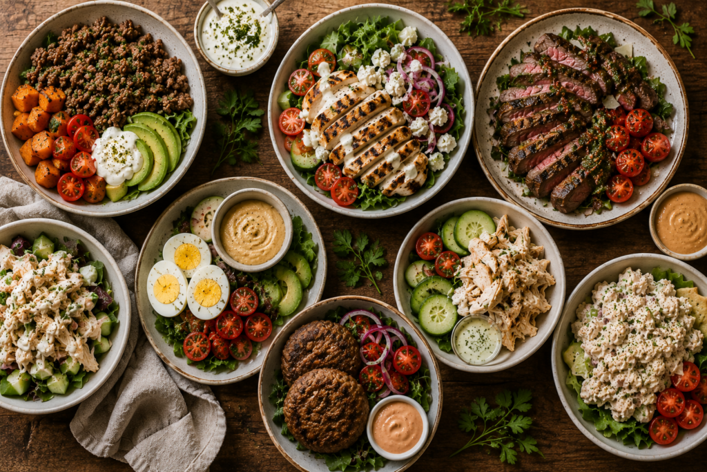 Protein-Forward Lunches for Balanced Blood Sugar displaying steak, chicken, and other meats along side veggies, fats and healthy carbs.